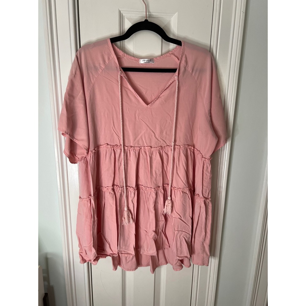 AIMAGE Pink Tiered Babydoll Tunic Top V-Neck Tassel Tie Rayon Short Sleeve Large